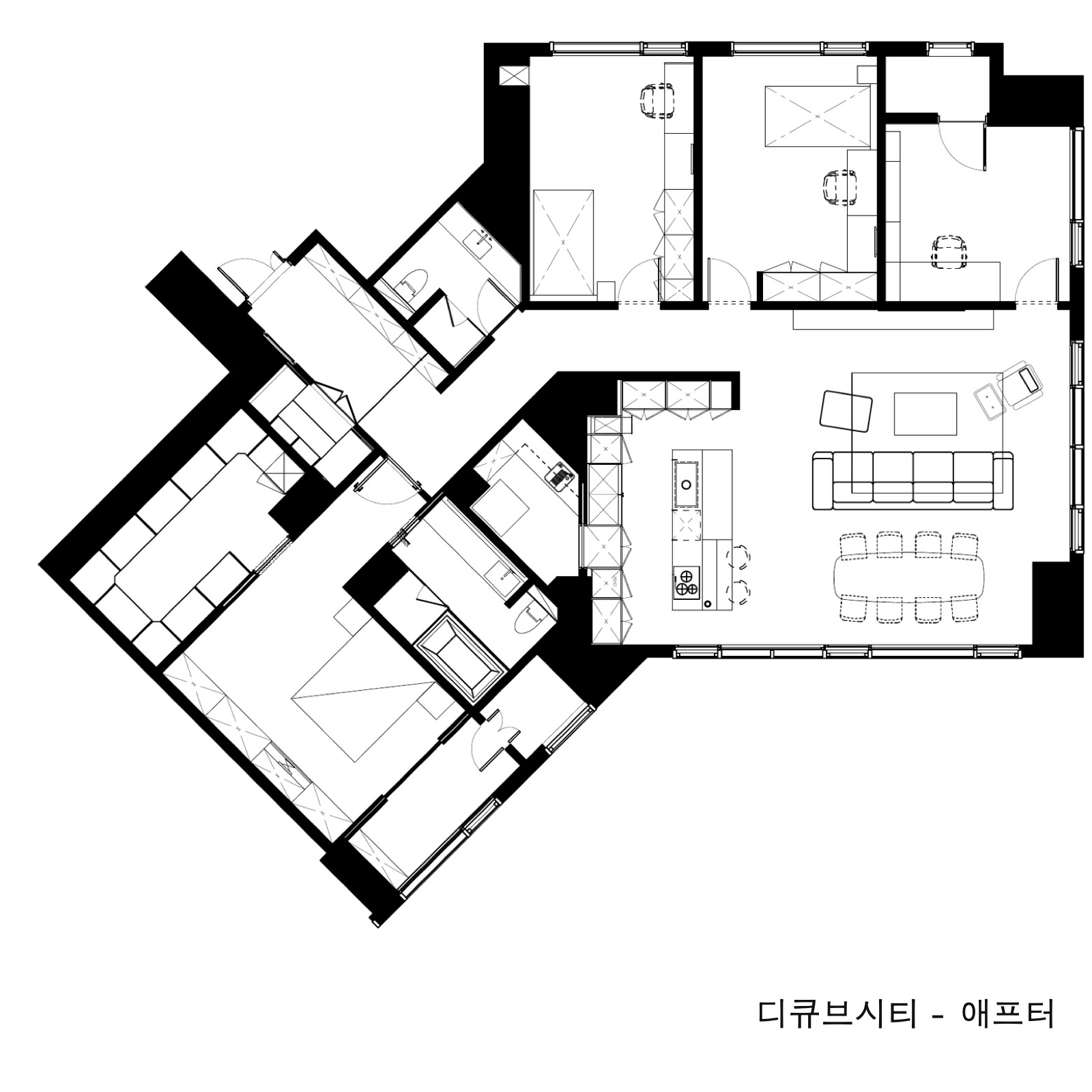 변경한 평면입니다. 가족실을 없애 방 네 개로 다시 정리하고, 주방 벽을 손보고 아일랜드를 90도 돌렸습니다.